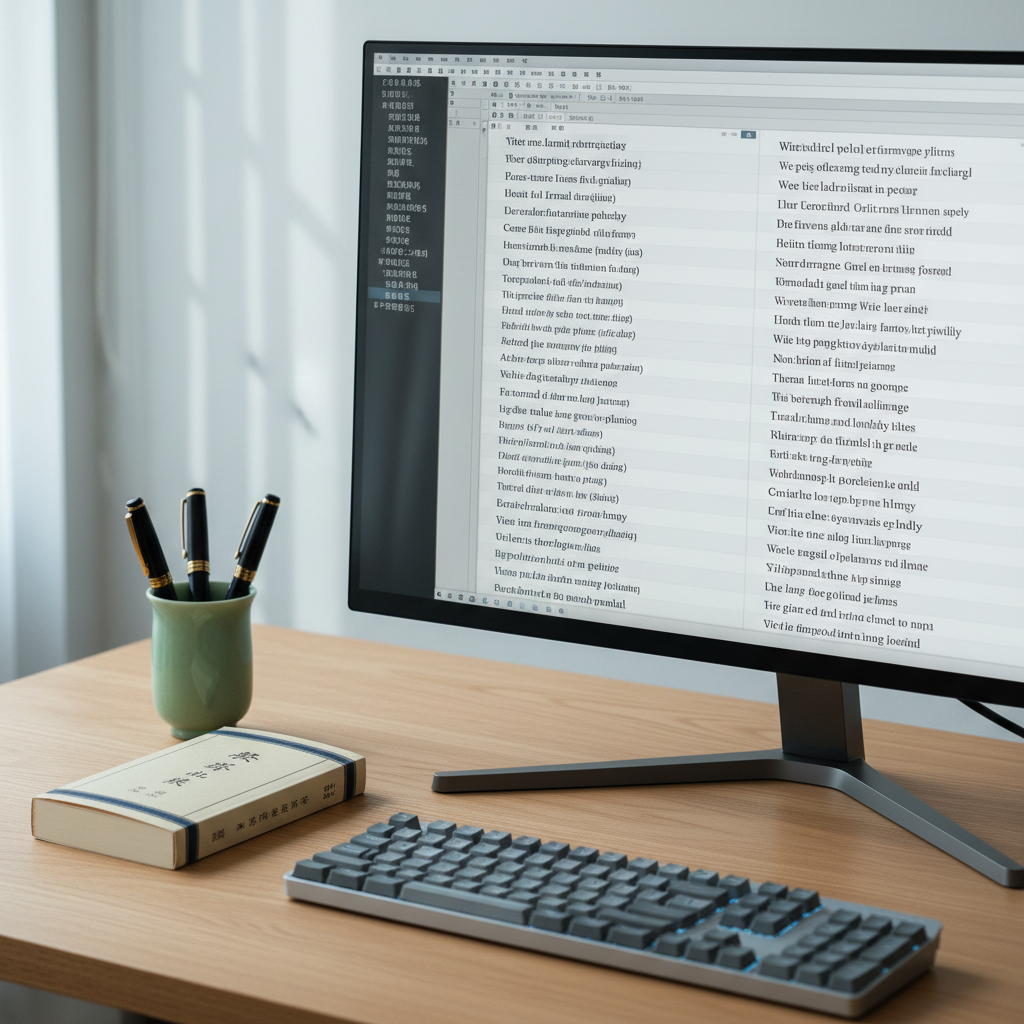 A minimal, modern workspace features a large, ultra-thin monitor displaying a clean text editor with neatly formatted English translations beside Chinese source text. The monitor sits on a light oak desk, next to a small jade-colored ceramic cup holding fountain pens and a thin dictionary with Chinese characters on its spine. A cool-gray mechanical keyboard anchors the foreground. Soft, cool daylight from a nearby window illuminates the scene, creating subtle reflections on the screen and desk surface. The mood is focused and professional, with a photographic, high-resolution style. Captured from a slightly elevated angle using the rule of thirds, the monitor is the primary focal point while the surrounding tools of translation remain gently in focus.